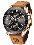 BENYAR Men's Watch Quartz Sports Chronograph Fashion Business Luxury Brand Waterproof Watch Analog Date Men's Brown Leather Watch for Men (Brown Gold Black)