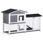 PawHut Rabbit Hutch Guinea Pig Hutch Wooden House with Run, 2 Tier Pet Cage Outdoor with No-leak Plastic Trays, 157.4 x 53 x 93.5cm, Grey