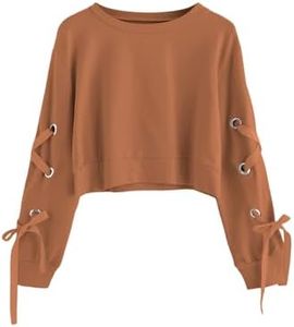 SweatyRocks Women's Casual Lace Up Long Sleeve Pullover Crop Top Sweatshirt Dark Khaki Medium