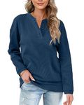 Aokosor Womens Long Sleeve Tops Ladies Loose Sweatshirts with Buttons Plain Jumpers Navy Size 10-12