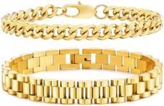 2 PCS Gold Bracelets for Women Trendy - 18k Real Gold Plated Jewelry Set Simple Solid Chunky Stackable Stainless Steel Cuban Link Chain Tennis Bracelet,Birthday Gifts for Women Teen Girls Her,7 Inches