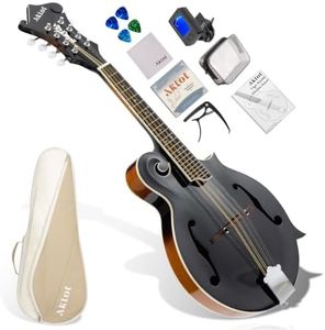 AKLOT F-Style Acoustic Mandolin Instrument: Hand-Carved Classic Scroll Headstock, Spruce Top with Mahogany Back & Sides, Bone Nut, Deluxe Mandolin Bundle with Padded Bag, Tuner, Capo, Gloss Black