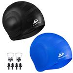 2 Pack Unisex Swim Caps with 3D Ear Protection, Durable Flexible Silicone Swimming Hats for Women Men Kids Adults, Bathing Swimming Caps for Short/Long Hair with Ear Plugs&Nose Clip