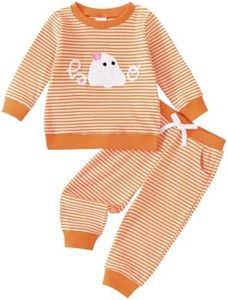 Kislio Toddler Baby Boys Girls Halloween Outfit Pumpkin Ghost Boo Waffle Knit Sweatshirt Infant Pants Set Fall Clothes