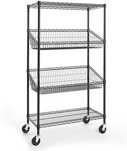 CAPHAUS NSF Commercial Heavy Duty 4 Tier Wire Shelving w/Two Trapezoid Baskets, Wheels, Leveling Feet, Storage Metal Shelf, Basement Garage Shelving Storage, Utility Wire Rack Storage Shelving Black