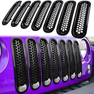 E-cowlboy 7PCS Front Grille Mesh Inserts Guard for Jeep Wrangler JK JKU Unlimited Rubicon Sahara 2007~2017 Upgrade Clip-in Version (Glossy Black)