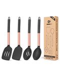 Pack of 4 Silicone Cooking Utensils Set, Non Stick Large Solid Spatulas, Heat Resistant Rose Gold Black Slotted Spoons, Ideal BPA Free Kitchen Turners for Frying, Mixing,Serving,Draining,Turning