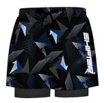 Swimming Beach Shorts 2 in 1 Quick Dry Swim Trunks Costume-Stylish Holiday Wear with Tighty Attached Big Zipper Pockets Swim Suit (36-38, Black/Blue)