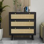 Anmytek Black Dresser for Bedroom, Modern 3 Drawer Dresser with Rattan Decor, Chest of Drawer with Spacious Storage Bedroom Dresser H0075