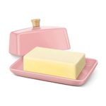 Flexzion Ceramic Pink European Butter Dish with Lid for Countertop (7 Inch) - Wide 2 Stick Double Butter Holder for Counter, Cream Cheese Container Storage Keeper