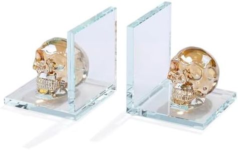 1 Pair Glass Book Ends with Golden Crystal Skull L Shape Non-Skid Decorative Bookends for Bookcase or Bookshelf Apartment for Normal Bookshelves Living Room Office Home Decor