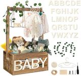 Wooden Baby Shower Crate Closet, Baby Shower Basket with 33.5" High Hanger Rack and Swing, DIY Baby Welcome Box with Handle, Easy Assembly Storage Crate for Pregnancy New Parent（Footprint Style）