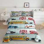 Erosebridal Fire Truck Comforter Set,Police Car Down Comforter Full Size,School Bus Bedding Set for Kids Boys Teens Youth,Equipped Truck Cartoon Vehicle Quilt Duvet Insert Bedroom Dorm Decor 3 Pcs