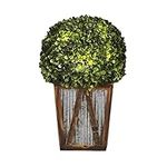 Teamson Home Indoor Outdoor Garden Solar Light Decor, Pre Lit Automatic Artificial Faux Round Topiary Shrub Bush with Farmhouse Wooden Plant Pot