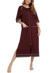 Cozy Robes for Women Zipper Front Short Sleeve Full Length Housecoat with Pockets(Wine Red,XL)