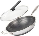 CATHYLIN Wok Pan Stainless Steel Stir-fry Wok with Lid Hex Cladded 14" Non Stick Skillet with Stay-cool Handle PFOA Free Suitable for Induction, Ceramic, Electric, and Gas Cooktops
