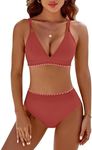 BMJL Women's Bikini Sets V Neck High Waisted Swimsuits Shell Stitched Cheeky Two Piece Bathing Suit(XL,Rust Red)