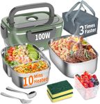 Electric Heated Lunch Box 100W - 3-in-1 Fast Heating Lunch Boxes Portable for Adults, 12V/24V/220V with 2 Pack Containers (Single & Compartment) for Car Truck Office (3 Times Faster), GreenGrey