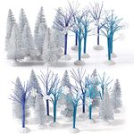 Geosar 15 Pieces Christmas Village Trees Set Navy Blue Christmas Village Accessories Winter Xmas Decor Snowflake Bare Branch Miniature Snow Frost Trees Home Table Top Decoration