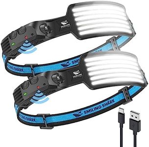Smiling Shark Linterna Cabeza, 2 Pack 6*Tiras Luz LED Blanco de la Linterna Frontal Más Brillante Recargable Sensor Movimiento Impermeable Camping Ciclismo, Linterna-Frontal-LED-Cabeza-Light