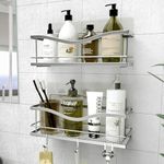 KINCMAX Premium Shower Caddy, Self Adhesive Wall Shower Organizer, 2-Pack No Drill Bathroom Shower Shelves for Inside Shower, Rustproof Stainless Steel Shampoo Holder, Shower Storage Rack, Silver