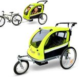 Booyah Strollers 3 in 1 Double Child Baby Bike Bicycle Trailer, Jogger, Stroller with Suspension| 88 lb Capacity | Helmet-Friendly Design, Ventilation, and Storage | (Fluorescent Green)