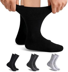 Forcool Diabetic Merino Wool Non Binding Loose Top Seamless Toe Cushioned Sole Non Blister Crew Mid Calf Diabetes Dress Socks for Men Women, Large 3 Pairs Black/Gray/Dark Gray