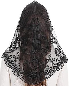 Bozidol Catholic Church Veil Mass Mantilla Chapel Lace Head Covering Religious Prayer Veil for Funeral with Hairclips (Black)