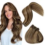 Hetto Remy Hair Weft Extensions Light Brown with Blonde Hair Extensions Weft Human Hair Short Weft Human Hair Extensions Brown Straight Invisible #4/27 12Inch 70 Grams