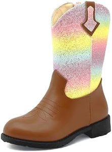 rosyclo Kids Cowboy Boots for Boys Girls, Western Boots Embroidered Faux Leather Cowgirl Wide Width Ankle Boot Round Toe Mid Calf Riding Shoes for Little Big Kid, Brown Rainbow