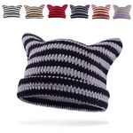 GLGHMH Women's Cat Ear Beanie Hat, Vintage Striped Winter Warm Elastic Cap, Matching Knit Crochet Cat Beanie Hat for Kids Girls Adults(Black-Grey)