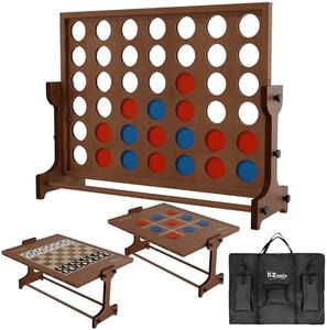 BZnota Giant Wooden 4 in a Row Game W/Quick-Release Lever, 4-in-1 Wooden Game Set: Big Chess & Checkers | Tic Tac Toe | Connect 4 Game Outdoor Yard Games for Family Party Fun Lawn Games for Adults