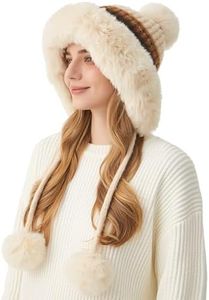 HUAMULAN Women Winter Sherpa Beanie Hats Knit Ear Flaps Peruvian Cover Ears Fleece Lined Ski Snow Hat 3 Pompoms