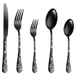 KitchAntique Matte Black Silverware Set | Satin Finish 5-Piece Flatware Set with Unique Floral Printed Handle | Dishwasher Safe Stainless Steel Cutlery for Home, Restaurant & Gifting