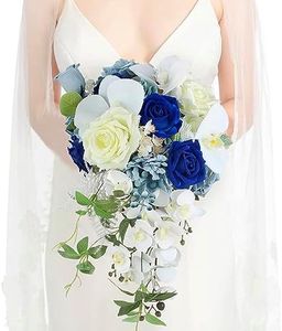 Rinlong 10“ Wide Cascade Bouquet Wedding Bouquets for Bride Blue Cascading Wedding Bouquet Artificial Silk Flowers Teardrop Bridal Bouquet for Wedding