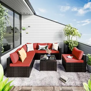 WWR 7 Pieces Patio Set, Wicker Conversation Sets with Cushion and Table, 7-Pieces Couch,Patio Furniture Set for Porch Poolside Backyard, Brown Frame Modular Sofa Set