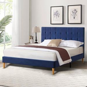 LEVEDE Queen Bed Frame Platform, Wooden Bed Base with Tufted Headboard, Velvet Upholstered Mattress Support, Modern Classic Bedroom Furniture, Easy to Assemble (Blue)