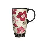 Ceramic Mug Large Coffee Cup Tall Travel Mugs Porcelain Latte Tea Cup with Lid 17oz.Red Flower,Mother's Day Mug,Gift for Mom