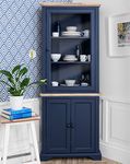 Florence Navy Blue Corner Display Cabinet. Corner dresser with glass door top and cupboard at the bottom. ASSEMBLED