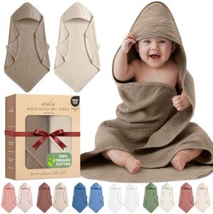 Organic Cotton Muslin Baby Hooded Towels - 32x32 Inch, 2 Pack Newborn Bath Towels for Boys & Girls, Soft & Absorbent Bath Set (Olive/Ivory)