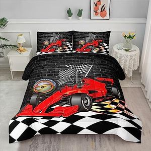 Axolotl Race Car Comforter Set Full Size,Extreme Sports Bedding Set for Boys Teens Kids Girls Room Decor,Cool Speed Car Quilt Bed Set with 1 Comforter 2 Pillowcases Car Racing Gifts,Black Red