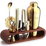 Mixology Bartender Kit: 10-Piece Gold Bar Set Cocktail Shaker Set with Stylish Mahogany Stand | Perfect Home Bartending Kit with Gold Bar Tools and Martini Shaker for Foolproof Drink Mixing
