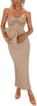 PRETTYGARDEN Women's Bodycon Long Dresses Summer Strapless Tube Twist Knot Front Ribbed Knit Maxi Cocktail Dress with Slit (Khaki,Large)