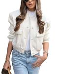 Megfie Womens Cropped Bomber Jacket Button Down Varsity Jackets Shackets With Pockets, Beige, Medium