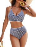 Blooming Jelly Womens Twist High Waisted Bikini Sets 2 Piece Bathing Suit Modest Swiming Suits (Small, Black Plaid)