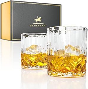 BENESSARI Whiskey Glasses Gift Set - Premium Old Fashioned Whisky Tumbler Gifts for Men or Woman Birthday; Rocks Whiskey Gift Box Set of 2 | Lead-Free Crystal Glasses for Bourbon, Scotch, Cocktail Set