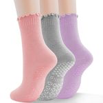 GRPSKCOS Yoga Non Slip Socks 3 Pairs Pilates Socks with Grip Women Grip Socks for Ballet Barre Home Workout Hospital(#5 Pink+Purple+Grey, 3-9)