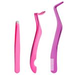 3pcs Lash Tweezers Set, Stainless Steel Eyelash Tweezers Kit Eyelash Applicator Tool False Lash Tweezers Eyelash Extension Supplies for Beginner Girls Makeup Artist (Pink)
