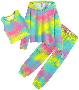 Vieille Girls Clothes 3 Piece Outfits Set Tie Dye Hoodie Crop Top Pants Sweatsuit Size 7-14 Years, Tie Dye 7, 11-12 Years