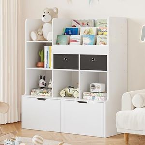 IDEALHOUSE Kids Bookshelf with Drawers 47.8in Large Bookcase Modern Toy Storage Organizer Floor Storage Cabinet with Cubbies Wooden Toy Chest Playroom, Classroom, Nursery, Kids Room